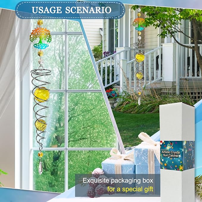 FONMY Tree of Life Gazing Ball Spiral Wind Spinner Sun Catcher Rainbow Maker Silver Spiral W/Golden K9 Crystal Ball Tree Hanging Ornament Indoor Outdoor Garden Decor. 19.5inch H