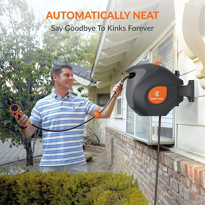 Giraffe Tools BW35 Retractable Garden Hose Reel | Wall-Mounted, Automatic Rewind, 100ft 1/2" Hose with 9-Pattern Spray Nozzle | Outdoor, Lawn, Garden & Car Cleaning Use