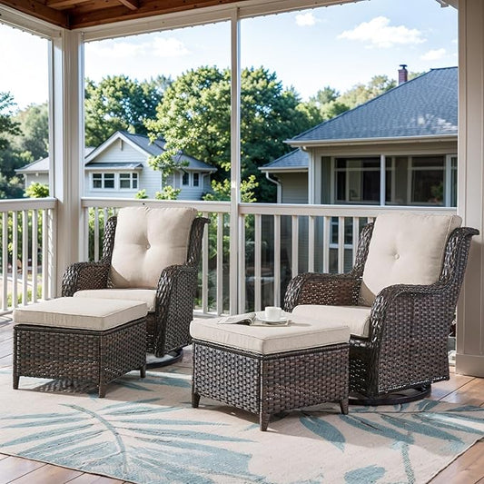 4 Pieces Patio Furniture Sets, Wicker Patio Swivel Glider Chair with Ottomans, Outdoor Furniture Set for Outside Porch, Deck, Balcony, Garden Brown