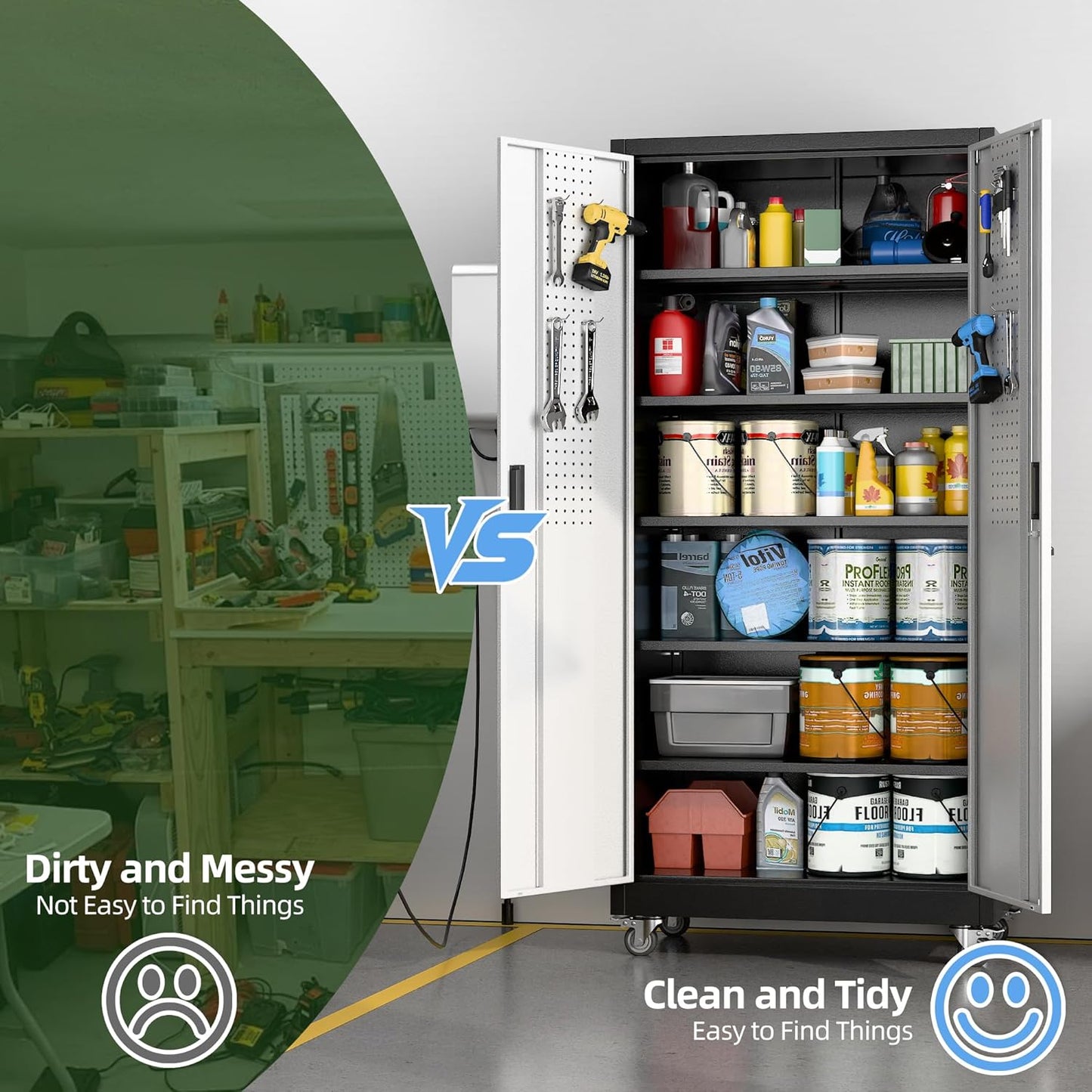 71"H×32"W×16"D Garage Storage Cabinet with Wheels & Pegboard, Locking Metal Storage Cabinet with Doors and 5 Adjustable Shelves & & 4 Hooks for Garage Warehouse Home Office, Black and Silvery