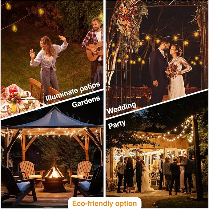 DAYBETTER 100ft Series de Luces solares 50 Bulbs 2700K Warm White Solar String Lights Outdoor Waterproof 5W Solar Panel, 12+ Hours Runtime Luces solares automáticas