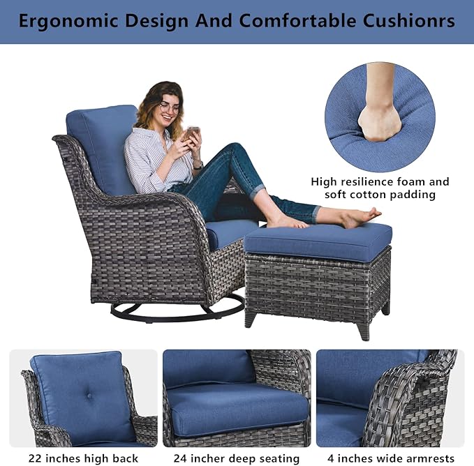 5 Pieces Patio Furniture Sets Wicker Outdoor Furniture, Rattan Patio Swivel Glider Chairs with 2 Ottoman and Glass Side Table