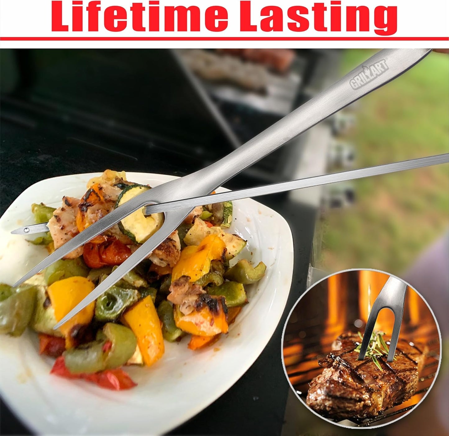 GRILLART BBQ Tools Grill Tools Set -18Inch Grilling Tools BBQ Set - Grill Accessories w/BBQ Tongs, Spatula, Fork, Brush- Stainless Grill Kit Grilling Set - Gift Ideas BBQ Accessories Gifts for Men Dad