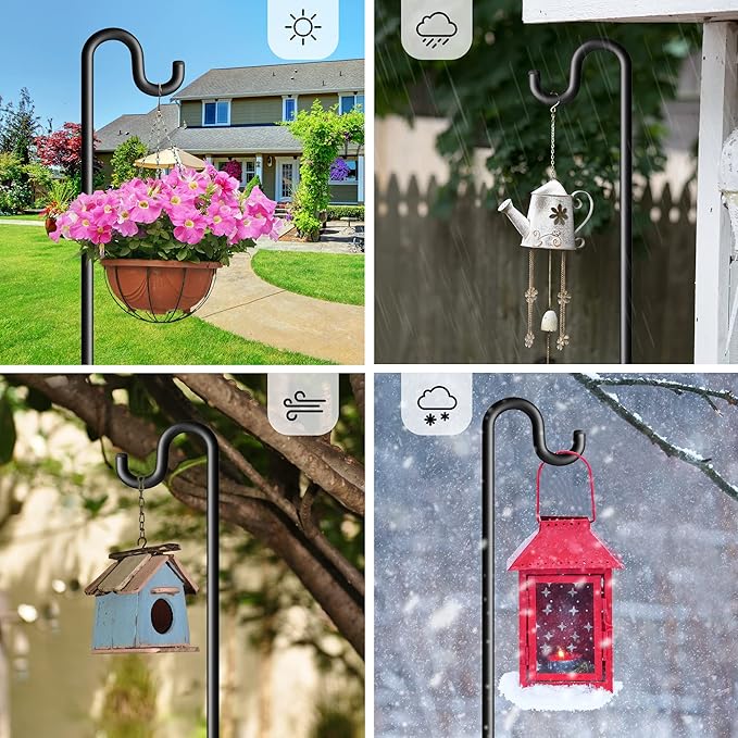 92" Shepherds Hooks for Outdoor, Extra Thick Bird Feeder Pole with 5 Prong Base, Adjustable Shepards Hook for Garden, Weddings, Hanging Plant，2 Pack