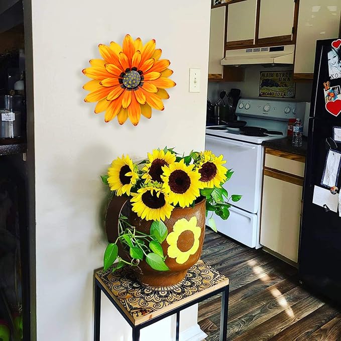 EASICUTI Sunflower Metal Flowers Wall Decor Metal Wall Art Decorations Hanging for Indoor Outdoor Home Bathroom Kitchen Dining Room Bedroom Porch Hallway Or Wall Sculptures 12 Inch