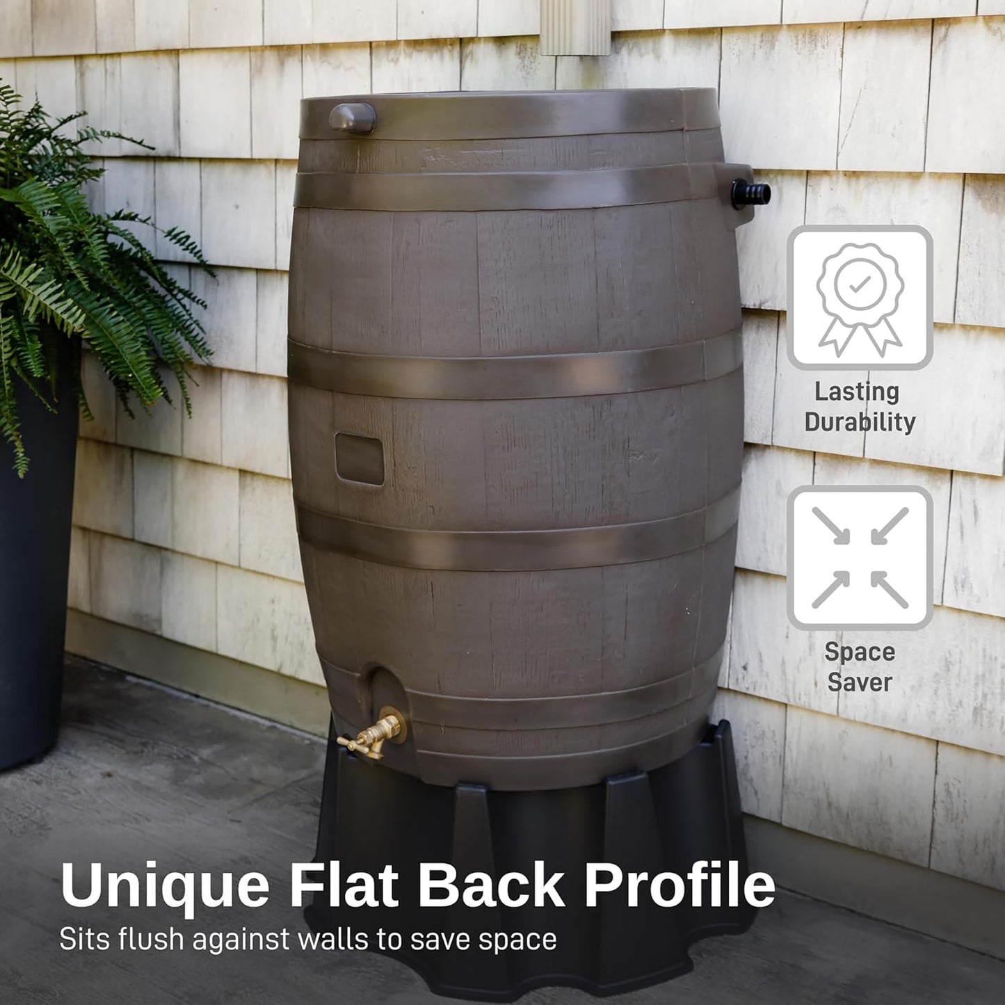 50-Gallon Rain Barrel with Link Kit, Flat Back Rain Water Collection Barrel, Link Kit Included, Walnut Color (2 Pack)