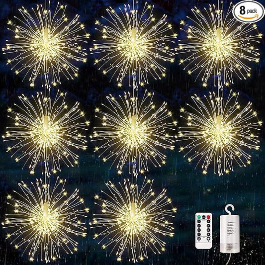 Firework Lights, 8 Pack LED Copper Wire Fireworks Lights Fairy Lights Christmas Fireworks Hanging Dimmable String 8 Modes Waterproof with Remote Control for Christmas Wedding Garden
