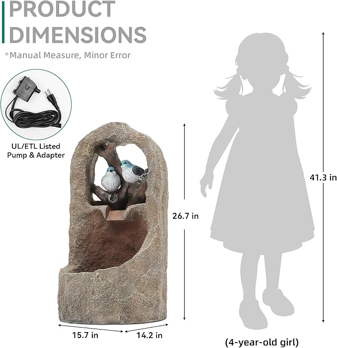 27" Outdoor Water Fountain with LED Lights,2-Tier Bird Natural Zen Garden Fountain, Relaxing Waterfall Floor, Yard, Porch or Deck Decor, Whether-Resistant, Faux Granite Texture