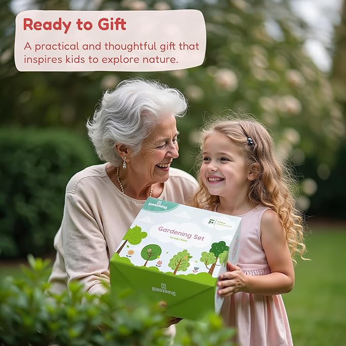 Gardening Set, Tool Kit, for Kids, STEM, Includes Tote Bag, Spade, Watering Can, Rake, Fork, Trowel and Gloves (Princess Pink)