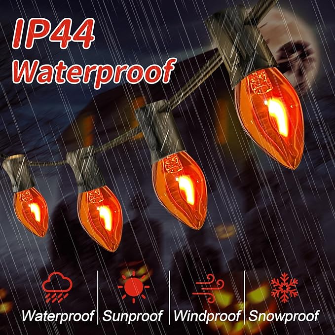 25Ft Orange C7 Christmas Lights Outdoor, Decorations With 27 Flicker Flame Bulbs, Vintage Flickering for Patio Garden Party Tree Decor - Black Wire