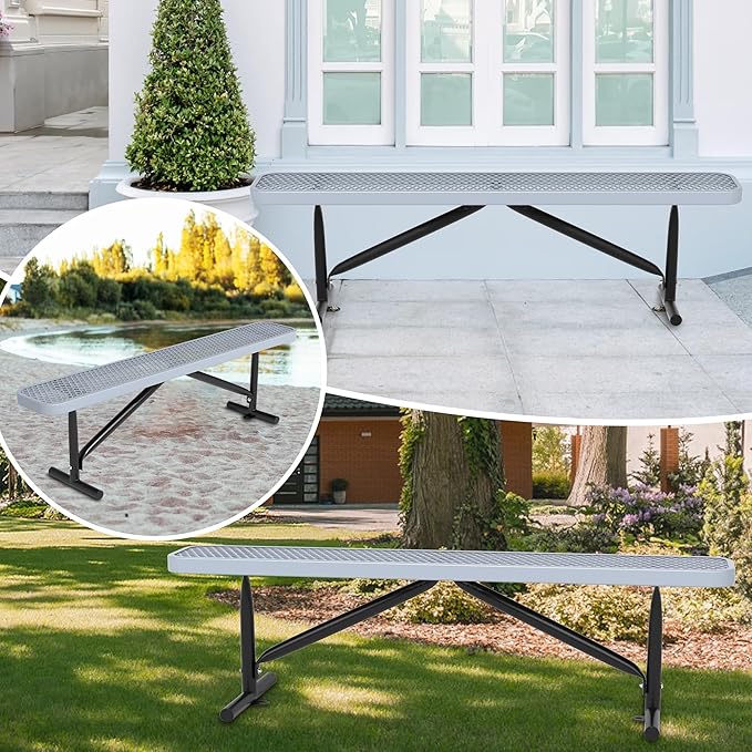 48" L Outdoor Steel Flat Bench, Heavy Duty Metal Park Bench for Outside, Expanded Metal, Commercial Benches Mesh Bench for Shopping Mall, Store, Lawn, Park, Patio, Deck, Garden (Grey, 6FT)