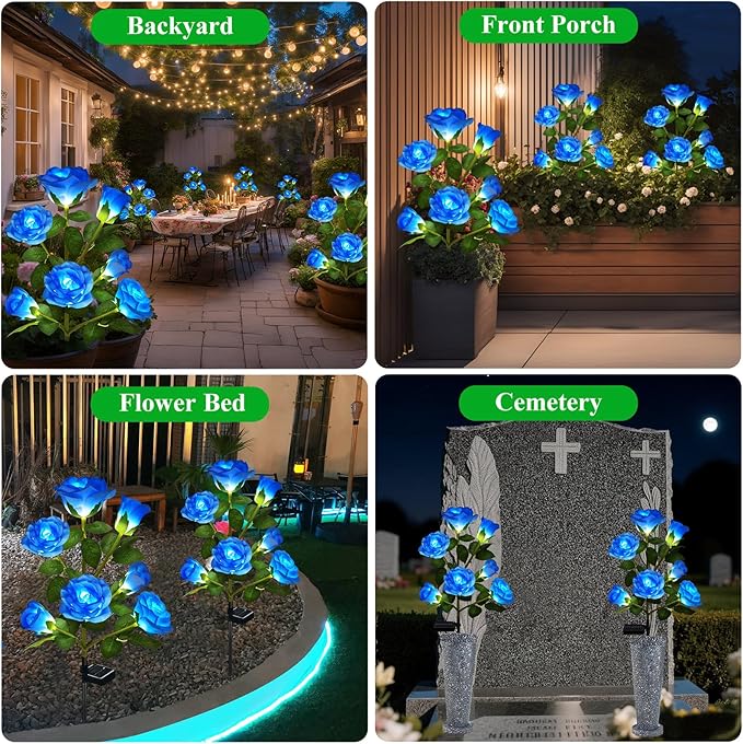 DWH 2 Pack Solar Garden Lights Outdoor, 7-Flower Rose LED Stake Light for Yard Patio Pathway Lawn Fence Cemetery, Blue