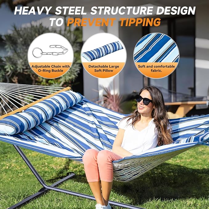 2 Person Outdoor Hammock with Stand, Cotton Rope Hammock with Polyester Pad, Adjustable Steel Frame, Portable with Carrying Bag – for Patio, Backyard, Garden, Beach, Blue
