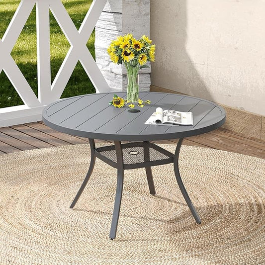 DIFY Outdoor Dining Table for 4, Round Patio Table with Umbrella Hole for Garden, Backyard and Porch (Dark Grey)
