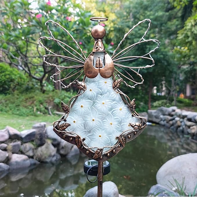 Angel Solar Lights Garden Stake Outdoor-38Inch Metal&Glass Solar Angel Stake Grave Decorations for Cemetery-Perfect as Angel Remembrance Gifts & Sympathy Gifts Decorations（Bronze）