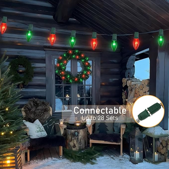 25ft Red and Green Outdoor Christmas Lights,C9 Vintage Christmas String Lights With 26 Red Green Bulbs(1 Spare),Waterproof Hanging Christmas Lights for Roofline Christmas Tree Backyard Decor