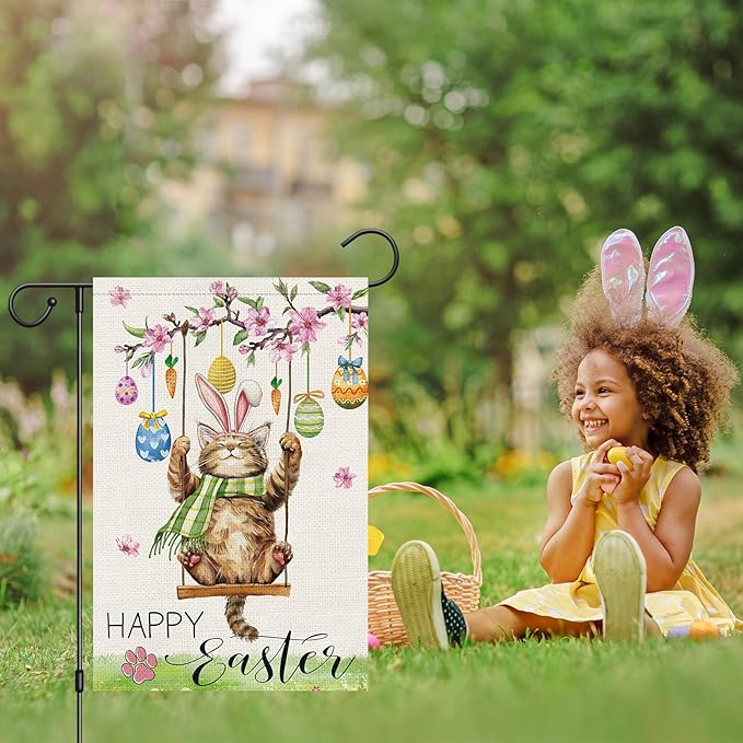 Heyfibro Happy Easter Cute Cat Garden Flag 12x18 Double Sided Burlap, Spring Summer Magnolia Flower Easter Egg Small Yard Banner for Seasonal Holiday Farmhouse Yard Outdoor Decor(ONLY FLAG)