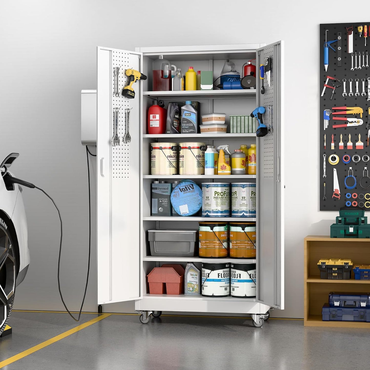 Aobabo 71" H×32" W×16" D Metal Storage Cabinet with Wheels, Garage Steel Storage Cabinet with 5 Adjustable Shelves and 4 Hooks for Home Office, Kitchen, Assembly Required, White