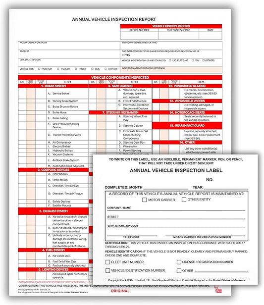 5 Pack 3-Ply Carbonless Annual Vehicle Inspection Report Forms with FMCSA 2-Ply Mylar Laminate Adhesive Vinyl Labels, DOT Inspection Forms and Stickers, Shrink-Wrapped, 8.5" x 11.75" - Made in USA