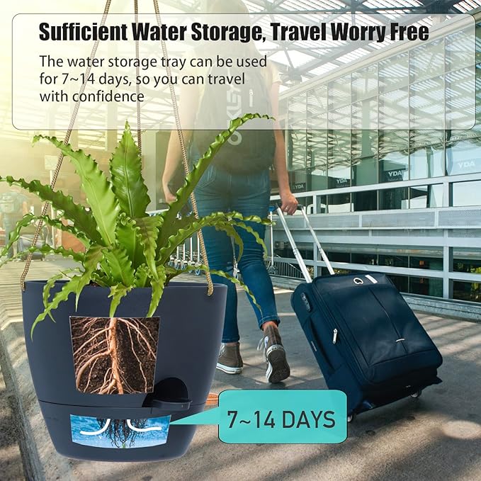 8 inch Hanging Planters, 2 Pack Self Watering Hanging Pots with 20oZ Deep Reservoir for Indoor Outdoor Plants Flowers, Black