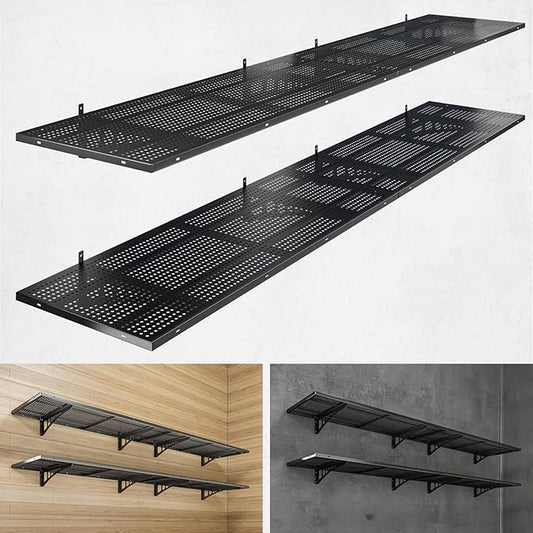 4-Pack 1.5x4ft Heavy Duty Garage Wall Shelving, 1000 lbs Load Capacity, Garage Shelving Wall Mounted, Garage Storage Rack with Hooks, Black