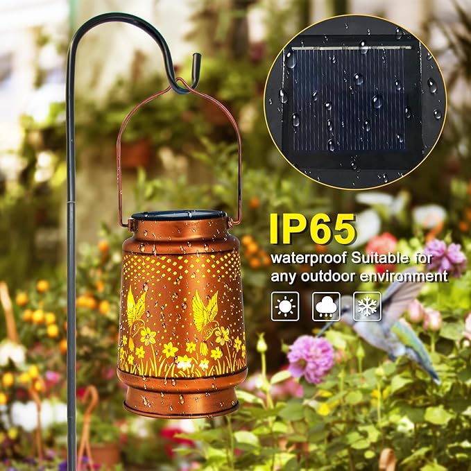 4 Packs Solar Lanterns Outdoor Hanging Lantern Lights, 4 Hummingbirds Hollowed-Out Metal Decor Lantern, Waterproof LED Decorative Garden Light Gifts