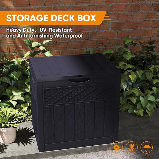 33 Gallon Resin Deck Box, Weatherproof Outdoor Storage Box for Patio, Garden, Pool, and Yard, Lockable Waterproof Bin for Tools, Cushions, and Accessories, Black
