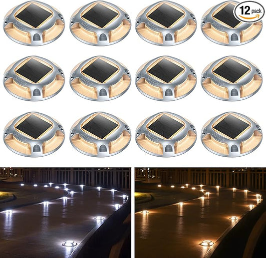 AGPTEK Solar Driveway Lights Outdoor 12 Pack, 2 Color Modes LED Deck Dock Marine Waterproof Driveway Marker Lights for Step Sidewalk Stair Garden Pathway Walkway Yard (Warm White/Cool White)