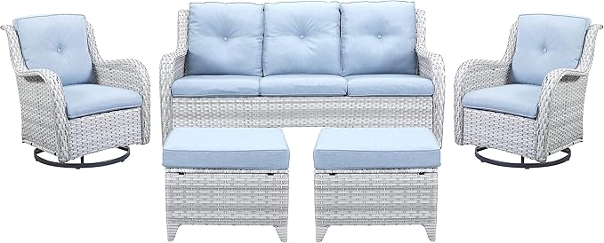 5 Piece Outdoor Patio Furniture Set - Wicker Furniture Patio Conversation Set, Outdoor Swivel Rocker Chairs with 3-Seater Sofa and 2 Ottomans for Small Space, Baby Blue Cushion