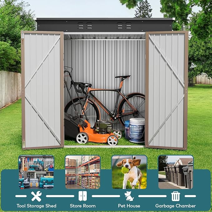 Gizoon 6' x 4' Outdoor Storage Shed with Double Lockable Doors, Anti-Corrosion Metal Garden Shed, Waterproof Shed Outdoor Storage Clearance for Backyard Patio Lawn-Brown