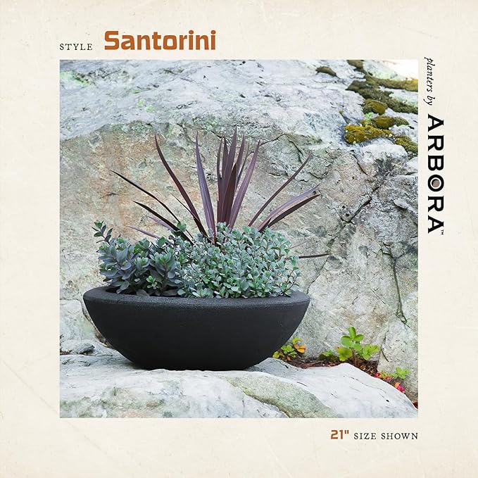 ARBORA 21" Santorini Bowl Polyresin Indoor and Outdoor Planter with Classic Black Finish - Durable, Weatherproof, Lightweight, Large Plant Pot for Patio, Garden, Deck, Entryway