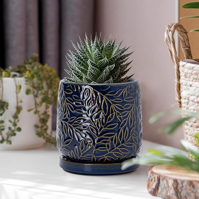 D'vine Dev 4 Inch Embossed Leaves Stoneware Planter Pot with Drainage Hole and Saucer, Midnight Blue, 27-A-Z-3