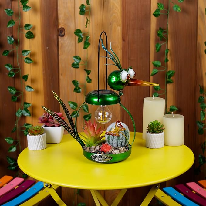 Alpine Corporation LYT292SLR-HH Solar-Powered Metal Heron w/Garden Enclosed LED Light Decor, Solar Patio Decor, 16''H, Green