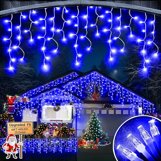49FT 450LED F8 Upgraded Christmas Lights Decorations - 8 Modes Waterproof Outdoor Fairy String Lights With Memory and Timer - Plug-in for Holiday, Party, Wedding, Home, Roof