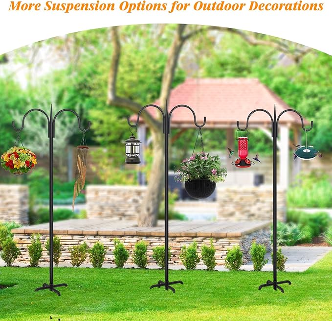 FEED GARDEN Adjustable Double Shepherds Hook for Outdoor with 5 Prong Base 76 Inch Heavy Duty Two Sided Bird Feeder Pole for Hanging Plant Baskets, Solar Light Lanterns, Wind Chimes