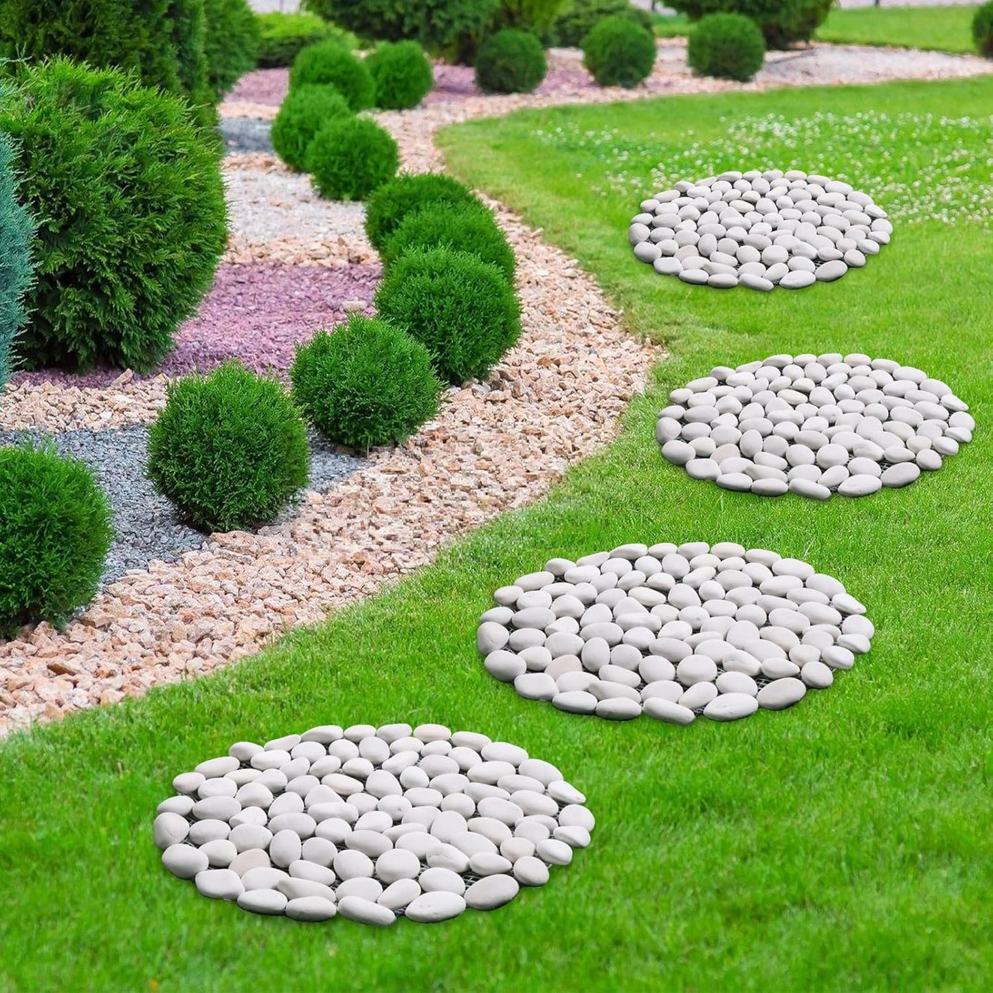 10in River Rock Stepping Stones Set - 6 Pack | Polished Pebble | Long-Lasting PVC Mesh Backing | Perfect for Garden Paths and Lawns Outdoor Landscaping Decoration | White Circle