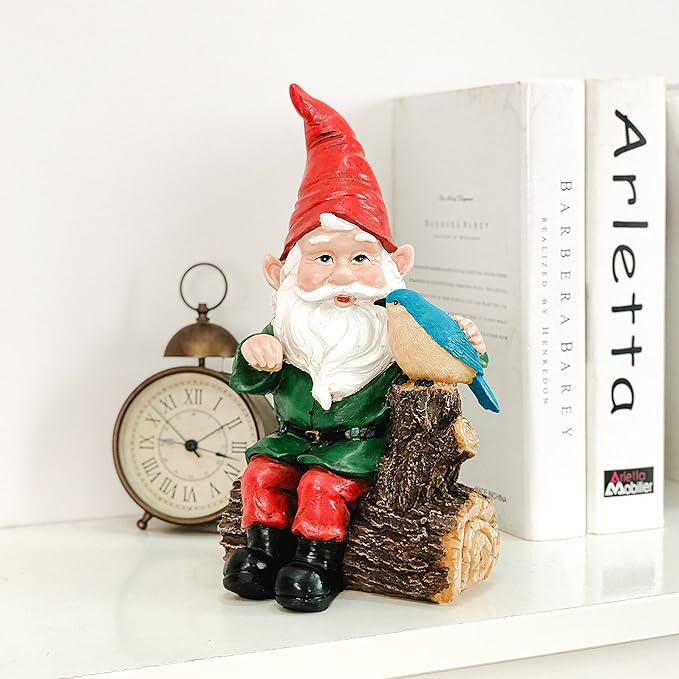 Garden Gnome Statues with Bird Resin Sculpture Gnome Sitting on The Stump Outdoor Statues for Outdoor Garden Decor