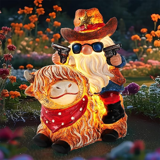 Garden Gnome Statue on Highland Cow with Solar Lights – Funny Outdoor Resin Decor for Patio, Lawn, Yard – Unique Gift for Women, Grandma, Mother's Day, Birthday, Housewarming