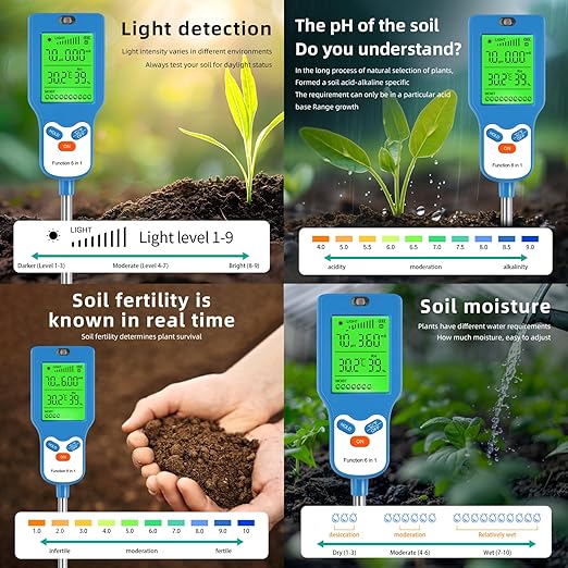 6-in-1 Soil Moisture Meter Digital PH Meter/Soil Moisture/Plant Temperature/Sunlight Intensity, Backlight LCD Display, Soil Test Meter for Garden, Lawn, Plant Care (Blue)
