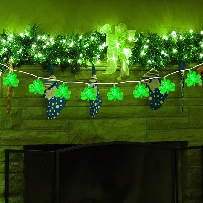 8.5FT Clear Green Shamrock Lights, St Patricks String Lights Outdoor Waterproof with 10 LED Light for rish Shamrock St Patrick's Day Party Indoor Home Garden Decorations