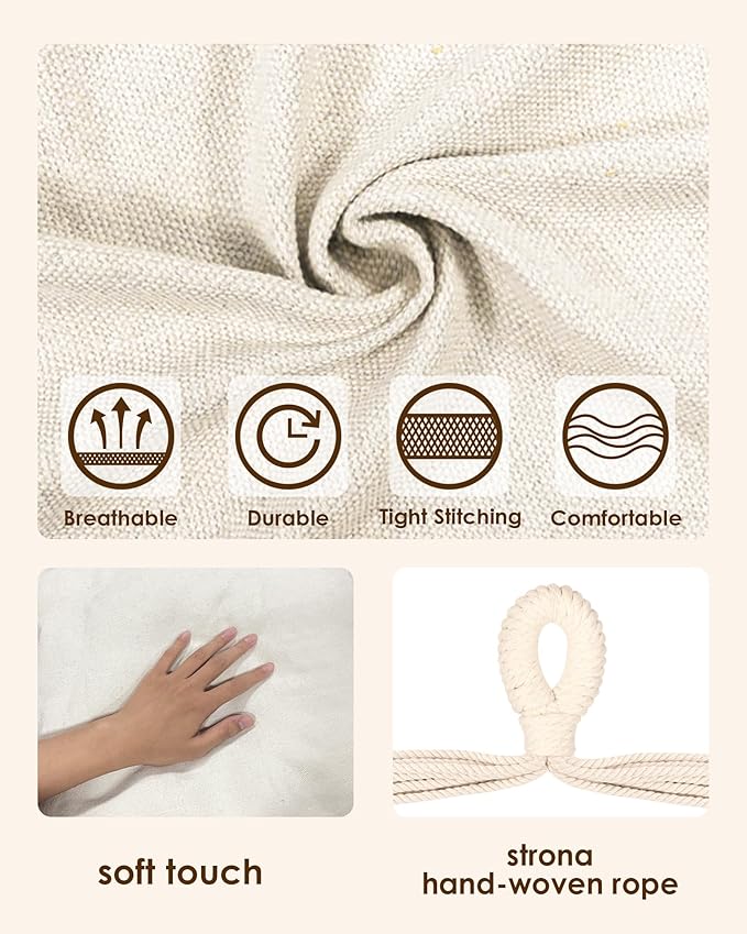 Highwild Hanging Rope Hammock Chair Swing Seat for Any Indoor or Outdoor Spaces - 500 lbs Weight Capacity (Beige)