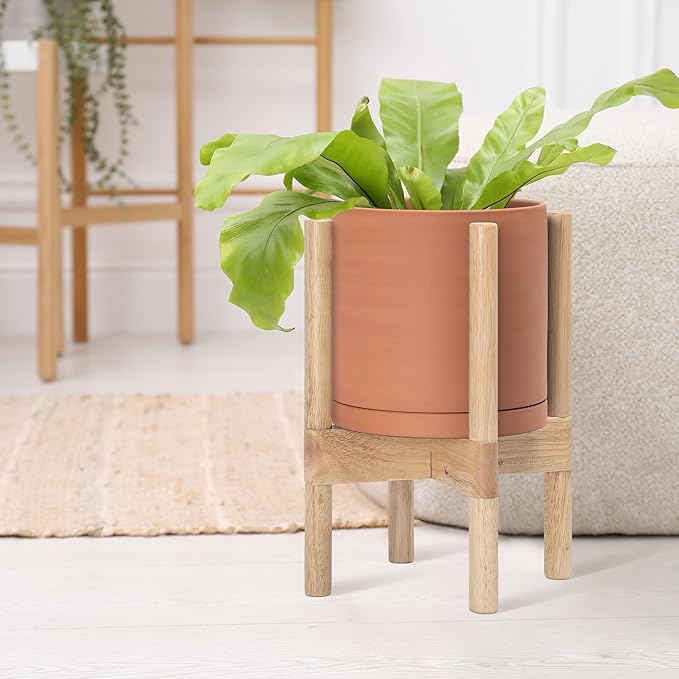 D'vine Dev Terracotta Planter with Natural Stand - 8 Inch Modern Round Flower Pot with Wood Planter Holder, Terracotta, 55-B-N-5