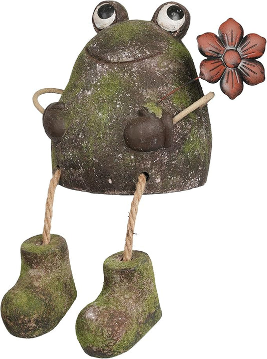 Alpine Corporation MCC834 Indoor/Outdoor Frog with Flower Garden Statue, Playful Frog Statue for Yard, 20" H, Green