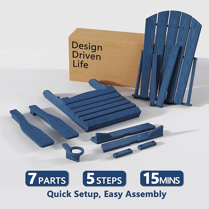 Folding Adirondack Chair with Cup Holder, HDPE All Weather Resistant Plastic Outdoor Patio Chairs, Heavy Duty Fire Pit Seating for Backyard Lawn Garden, Wooden Textured Design(Navy Blue)