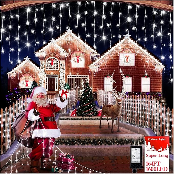1600 LED 164FT Outdoor Christmas Lights Plug in 8 Modes with Timer Dimmable Christmas Decorations Waterproof Indoor Curtain String Lights for Roof Porch Garden Holiday Wedding Party Decor Cool White