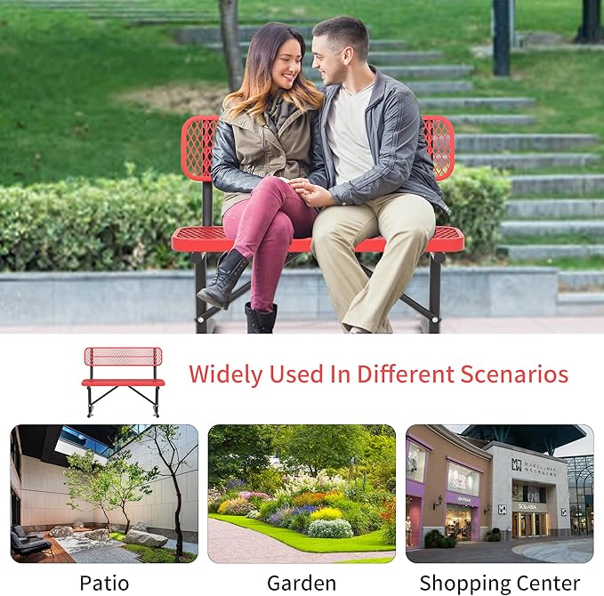 Heavy Duty Park Bench with Back Portable Frame, Outdoor Steel Bench with Backrest, Outdoor Park Bench Expanded Metal Mesh Bench for Lawn, Park, Deck, Garden, Patio, Porch, Black (Red, 4FT)
