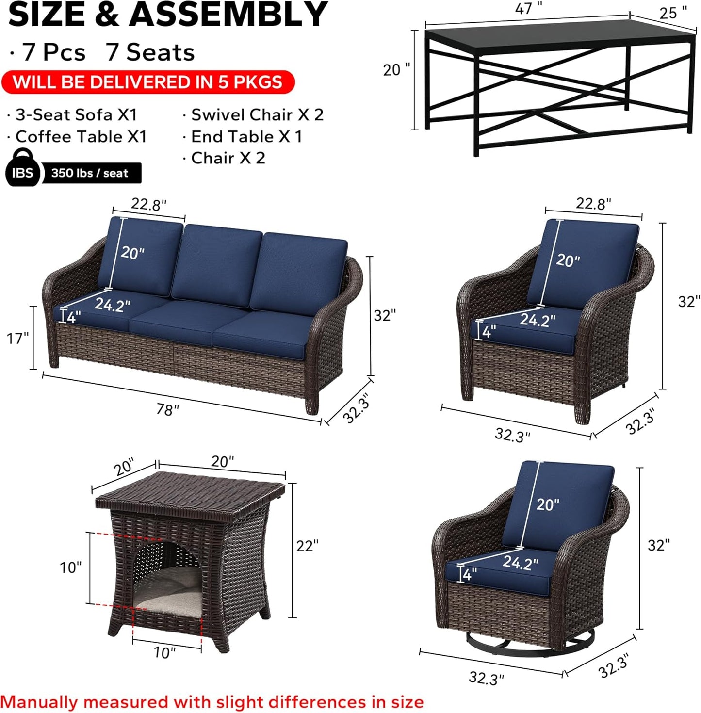 7 Pieces Patio Conversation Set, 78" Wicker 3-Seat Couch with Washable Cushions, 2 Glider Swivel Rocker Chairs, 2 Armchairs, Metal Table, Rattan Cat Bed End Table for Lawn (Navy Blue)
