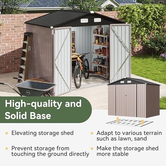 Aoxun 7x5 FT Outdoor Storage Shed with Base Garden Metal Shed with Lockable Door Outdoor Large Shed for Tool, Garbage Can, Bike, Mower, Brown