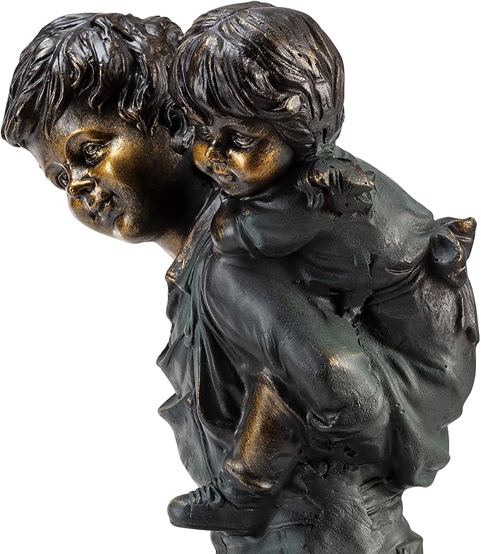 Alpine Corporation 16" Tall Indoor/Outdoor Patina Finish Piggyback Kids Yard Statue Decoration