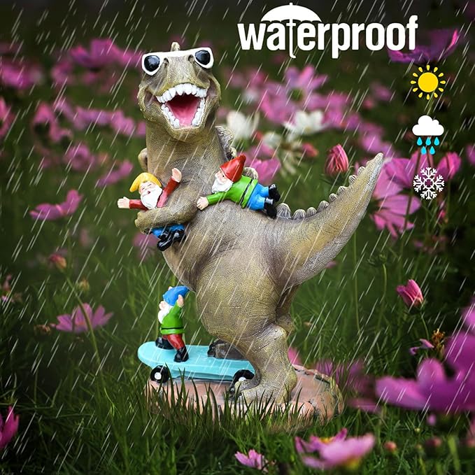 Garden Statue Outdoor Decoration, Cool Dinosaur Play Skateboard with Gnomes Figurines, Indoor Outdoor Decor Art for Patio Lawn Yard, Housewarming Garden Gift…